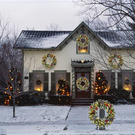 Christmas Wreath Garland for Front Door, Pre-lit Artificial Xmas Garland with 50 LEDs Lights Battery Operated - Snowflake Red Berry Pinecone Fir Garland Come with Hook(18 Inch)