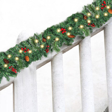 LOMIMOS 9FT Christmas Lighted Artificial Garland, Xmas Battery Operated Green Rattan with 50 Lights Pine Cones Red Berries for Fireplace Stair Mantle Indoor Outdoor Home Fireplace Porch Decoration(A)