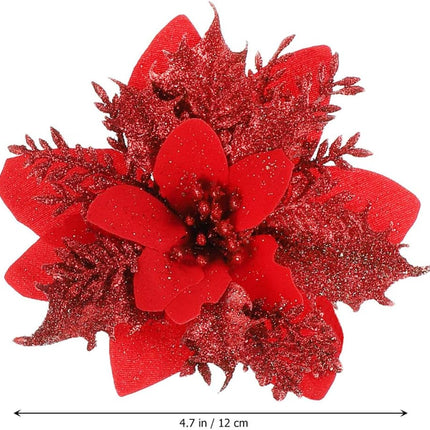 TOYANDONA 24 Pieces Christmas Glitter Poinsettia Flowers Christmas Tree Ornaments Artificial Flowers for Christmas Wreath Decoraiton (Red)