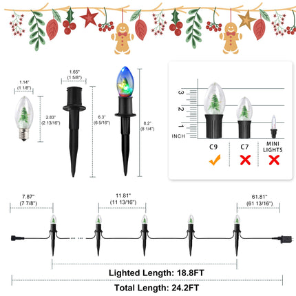 Christmas Pathway Lights Outdoor, 24.2FT 20 C9 LED Christmas String Lights with Stakes, Waterproof Connectable Walkway String Lights for Outside Yard Sidewalk Driveway Christmas Decorations