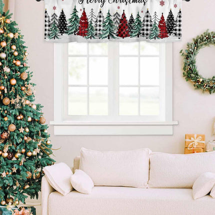 Christmas Curtain Valances for Windows, Buffalo Plaid Christmas Tree Snowflake Rod Pocket Valance Window Treatments Winter Xmas Short Curtains for Kitchen Bathroom Living Room 42 x 18 Inches, 1 Panel