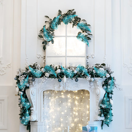 Christmas Glitter Leaves Artificial Tropical Leaf Christmas Tree Sprays Glitter Leaf Garland Flashing Christmas Picks DIY Bouquet Stem Floral Branches for Wedding Xmas Wreath (Peacock Blue,48 Pcs)