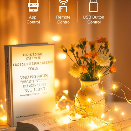 Smart USB Fairy Lights Plug in, 33Feet 100LEDs Bluetooth Twinkle Lights with Timer and Remote, App Control Starry String Lights for Wreath Wedding Party Indoor Christmas Decoration, Warm White