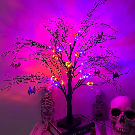24Inch Black Halloween Spooky Tree with Purple & Orange Lights,Lighted up Halloween Decorations,Halloween Tabletop Decor with Pumpkin & Bat Ornaments for Indoor Home Party Deco