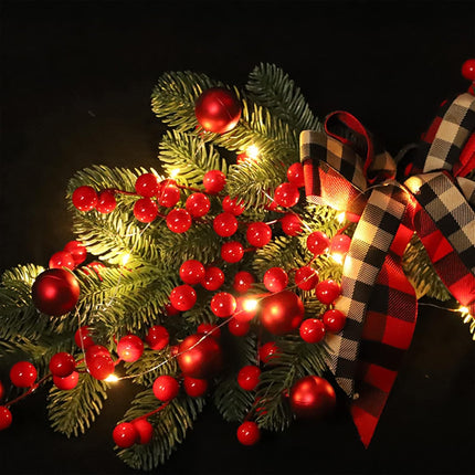 27.6 Inch Artificial Christmas Swag,Winter Pine Needles Decoration Swag with Ribbon Bow and Red Berry,Front Door Decor Christmas Wreath-with lamp