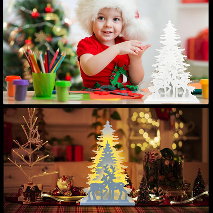 Wooden Christmas Tree Tabletop Decor, Cewuidy，LED Light up Wooden Christmas Reindeer Ornaments 11.8inch 2AA Battery Powered for Home Farmhouse Xmas Desktop Decorations(Indoor)
