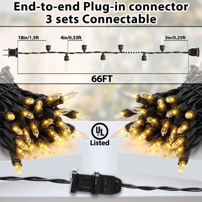 Clear Christmas Lights 66FT 200 Incandescent Bulbs Warm White Mini Lights with Black Wire for Christmas Tree, Garland, Thanksgiving, Wedding, Party, Home, Indoor & Outdoor Festival Decoration