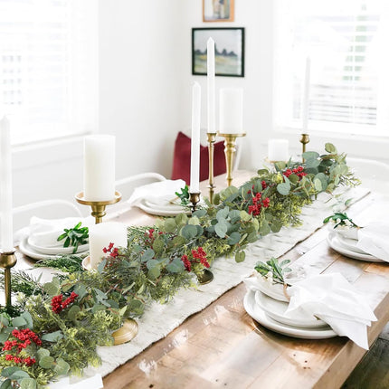 6ft Christmas Pine Garland Decoration, Artificail Red Berry Garland Christmas Cypress Garland Eucalyptus Leaves for Winter Holiday Fireplace Mantel Table Home Decor