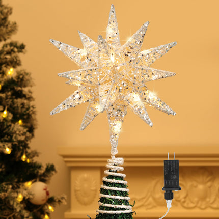 Lewondr Christmas Star Tree Topper, 3D Star Plugged Decorative Treetop with LED Light Beads for Home Holiday Xmas Decor 6-Hour Timer Function 5m Cable, Silver