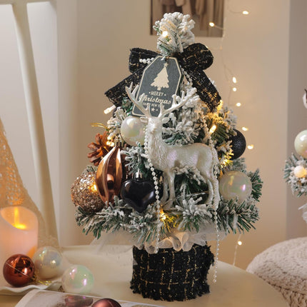 Small Christmas Tree Mini Tabletop Snowy Artificial Xmas Pine Trees with Wooden Base Decorative Ornaments Balls Festive DIY Desk Table Decoration Cute Warm Present (Black)