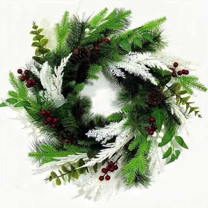 Large Christmas Wreath, 22 Inch Artificial Wreath with Red and White Berry, Pine Cone and Branches, Eucalyptus, Handmade Wreath for Xmas Home Front Door Window Decoration