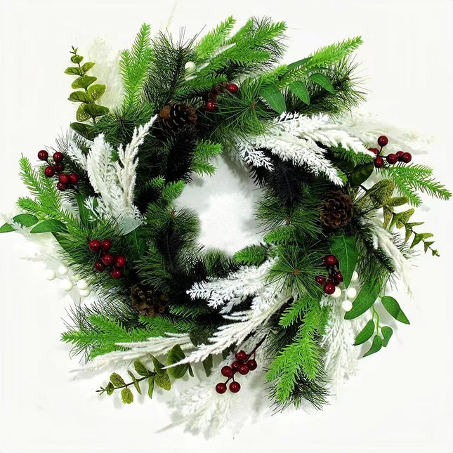 Large Christmas Wreath, 22 Inch Artificial Wreath with Red and White Berry, Pine Cone and Branches, Eucalyptus, Handmade Wreath for Xmas Home Front Door Window Decoration