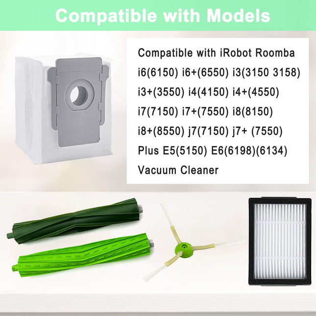 Parts For Irobot Roomba I3 I3+ I7 I7+ I4 I4+ I5 I5+ J5 J5+J7 I2 I6 I6+I8 I8+Plus E5 E6 E7 I & E &J Series Vacuum Cleaner,2 Set Rubber Brushes,8 Filters,8 Side Brushes,6 Roomba Vacuum Bags