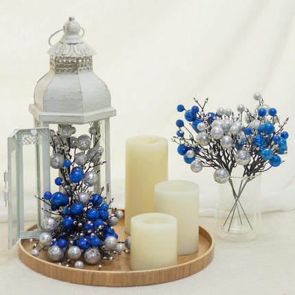 KI Store Blue Christmas Berry Picks Set of 9 Artificial Glittered Berries Stems Tree Ornaments for Patriotic Xmas Tree Wreath Garland Decor