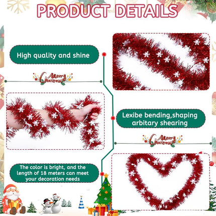 33FT Christmas Tinsel Garlands, 5pcs Red Snowflake Metallic Garland Christmas Glittering Foil Hanging Garland for Christmas Tree Fireplace Home Party Decoration