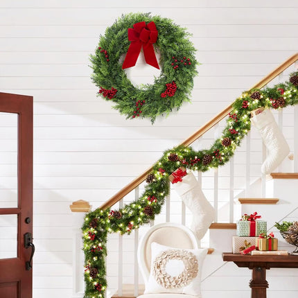 Christmas Wreaths for Front Door, 24 Inch Large Outdoor Christmas Wreath with Berries Velvet Bow, Winter Artificial Cypress Wreath Xmas Wreath for Indoor Window Wall Fireplace Holiday Decor
