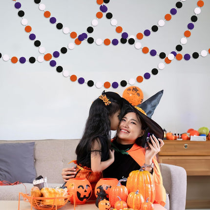 Halloween Garland, 1.2" Large Pompom Garland Black Orange Purple White, 16.4Ft 60 Pompom Ball Garlands, 2Packs Halloween Pompom Garlands for Halloween Party, Home and School Decor