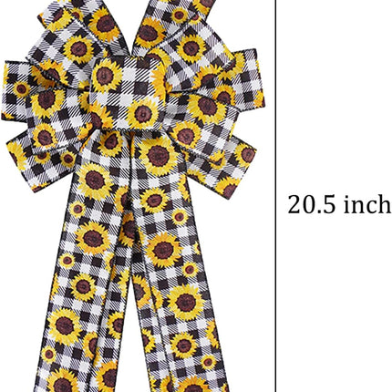Sunflower Black White Buffalo Plaid Wreath Bow Large Rustic Summer Fall Autumn Sunflower Bow Christmas Tree Topper for Farmhouse Home Indoor Outdoor Wedding Decoration