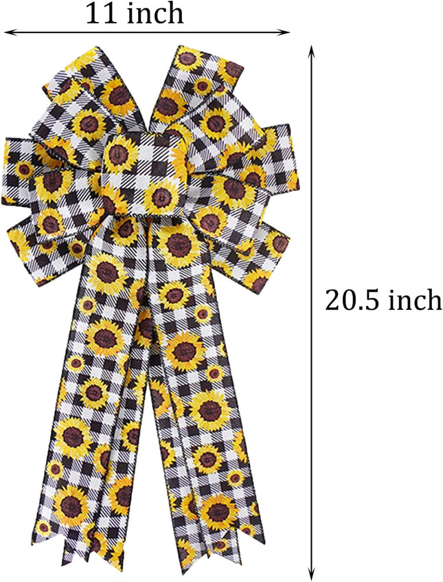 Sunflower Black White Buffalo Plaid Wreath Bow Large Rustic Summer Fall Autumn Sunflower Bow Christmas Tree Topper for Farmhouse Home Indoor Outdoor Wedding Decoration