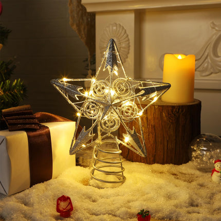 Juegoal Star Tree Topper with 20 LED Lights, Metal Silver Lighted Treetop Ornaments, Battery Powered Light Up Christmas Tree Decorations, 6.5 x 6.5 Inches
