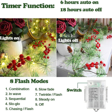 Christmas Garlands 6.56FT 30 LED Remote Garland with Lights Battery Operated Pine Garland with Artificial Greenery Garland Christmas Decorations Timer & 8 Flash Modes