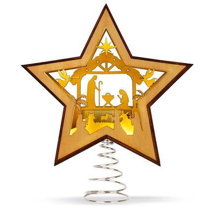 Nativity Christmas Tree Topper Star Lighted, 3D Wooden Star Tree Toppers Christmas Decorations, Christmas Tree Star Topper with Lights for Small Nativity Scene Indoor Christmas Decorations