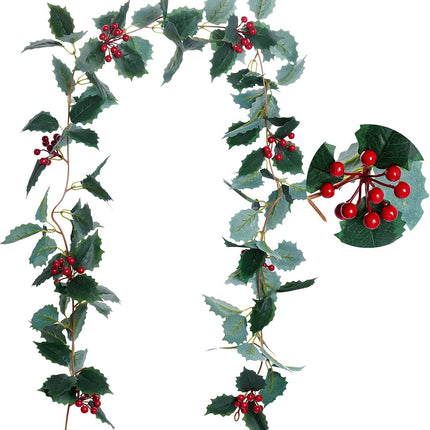 jiebor Christmas Garland Red Berry Green Leaf Garland Artificial Holly Leaves Garland for Christmas Tree Mantle Fireplace Winter Holiday Home Outdoor Indoor Front Door Window Wall Decorations 5.7Ft