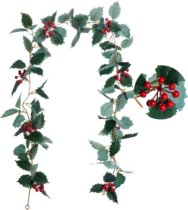 jiebor Christmas Garland Red Berry Green Leaf Garland Artificial Holly Leaves Garland for Christmas Tree Mantle Fireplace Winter Holiday Home Outdoor Indoor Front Door Window Wall Decorations 5.7Ft