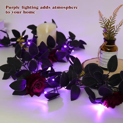 RECUTMS Halloween Flower Garland Decorations Rose Vines with Purple LED Artificial Vine Plants Flowers Wreaths Fake Flower Garland Fake Ivy Real Touch Silk Plastic Leaf for Wedding Home (Red)