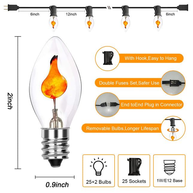Christmas Decoration Lights - 25FT Flickering Flame String Lights, C7 Clear Flame Christmas Lights with 25 Flame Bulbs for Outdoor Indoor Home Halloween Christmas String Lights, E12 Base, Black Wire