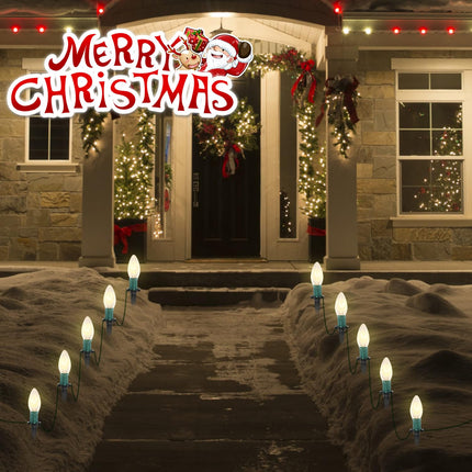 Christmas Pathway Lights Outdoor, 38 Feet C9 Christmas Pathway Lights with 25 Clear Bulbs and Stake Stakes for Outdoor Walkway Driveway Backyard Christmas Decorations, Warm White