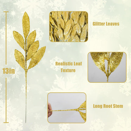 24 Pcs Artificial Glitter Gold Leaves,13" Glittered Christmas Gold Flowers Leaf Christmas Tree Picks and Sprays for Christmas Wreath Xmas Tree Ornaments Wedding Table Decorations