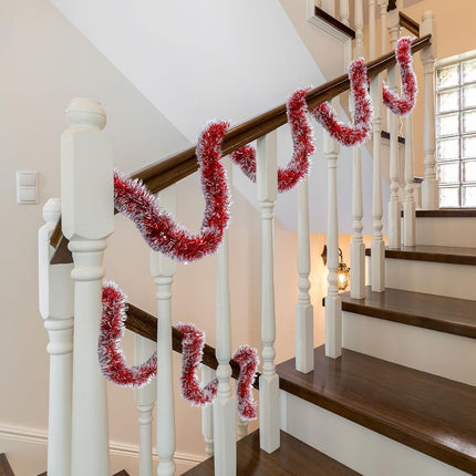 Waydress 4 Pcs Red Tinsel Garland Christmas Tree Decoration Streamer White Snow Metallic Garland Xmas Tree Hanging Streamers for Party Supplies Indoor Outdoor Decor, 3.5 Inch Wide