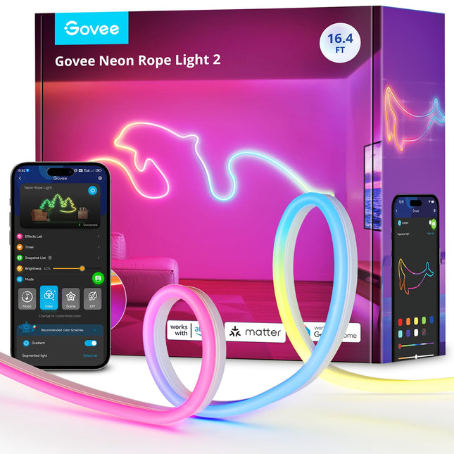 Govee RGBIC Neon Lights, LED Smart Neon Rope Light 2 Works with Matter, Alexa, Google Assistant, Custom DIY Neon Strip Lights for Bedroom and Christmas Decor, Softer Material, 16.4ft, White