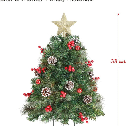 33 inch Christmas Trees with LED Lights 2 Pack, Outdoor Prelit Christmas Trees, Small Artificial Christmas Tree with Ornaments for Porch, Driveway, Yard, Garden