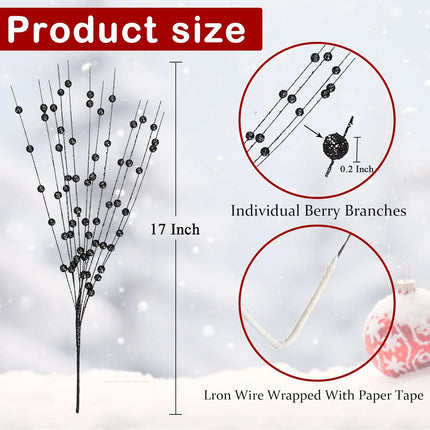 20 PCS Black Glitter Christmas Picks for Vases DIY Wreath Home Decor, Artificial Glitter Berry Stems Ornaments Fake Xmas Decorative Sticks (Black)
