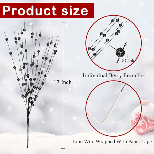 20 PCS Black Glitter Christmas Picks for Vases DIY Wreath Home Decor, Artificial Glitter Berry Stems Ornaments Fake Xmas Decorative Sticks (Black)
