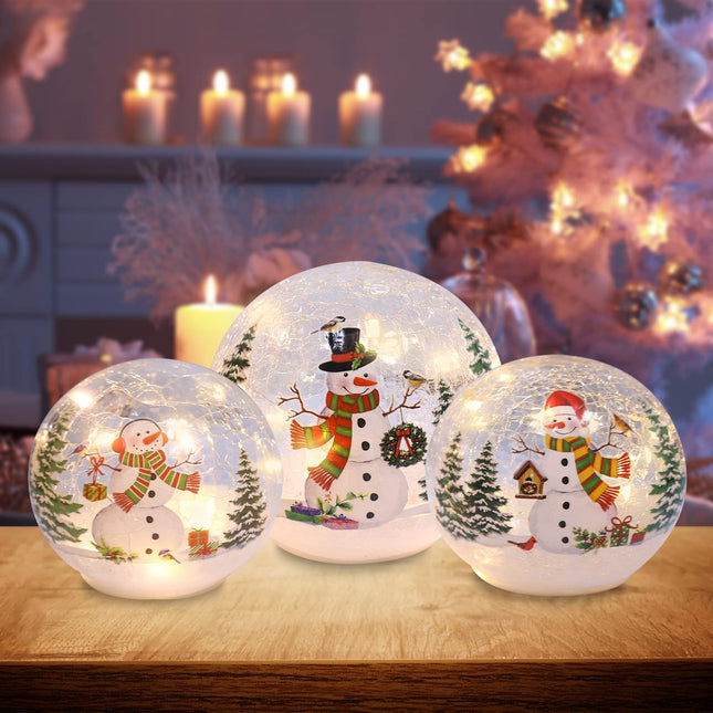 PHITRIC Christmas Decorations Indoor, 3 pcs Sparkling Christmas Snowman Globes with LED Lights and Timer, Tabletop Christmas Decor, Xmas Decorations for Fireplace, Table, Home Decor Indoor