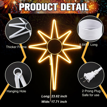 Enhon 24 Inch Large Star of Bethlehem Outdoor Light, 300 LED Outdoor Christmas Star Neon Lights Decorations with Auto Timing Function for Christmas Outdoor Nativity Scene Yard Porch, Warm White