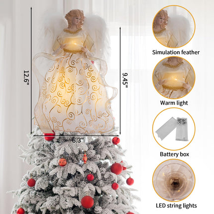 Christmas Angel Tree Topper with LED Light, 14" Angel Treetop Figurine with Dress, Feather Wings, and 10 Lights for Indoor and Outdoor Holiday Decoration, Xmas Home Ornaments - Gold