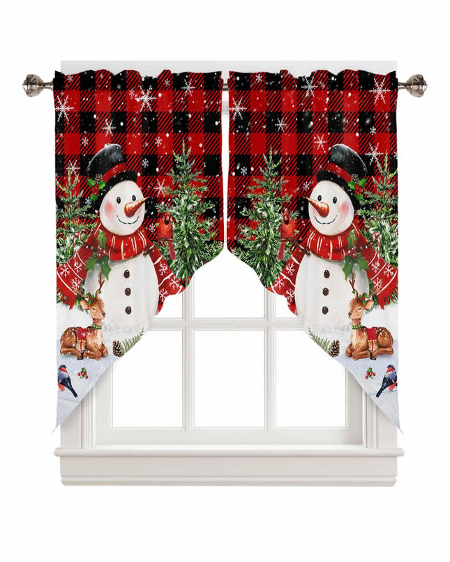 Red Plaid Snowman Christmas Swag Curtains for Living Room/Bedroom, Elk Tree Snowflake Xmas Swag Kitchen Curtain Valances for Windows, Tier Topper Scalloped Curtain 2 Panels, 72" W x 36" L
