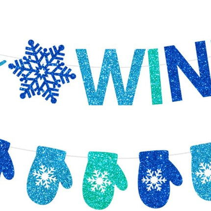 Glitter Hello Winter Banner with Snowflake Signs and Blue Glittery Gloves Banner Winter Snowflake Garland Banner Christmas Holiday Winter Wonderland Birthday Baby Shower Party Mantle Decorations