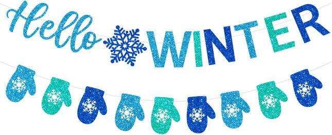 Glitter Hello Winter Banner with Snowflake Signs and Blue Glittery Gloves Banner Winter Snowflake Garland Banner Christmas Holiday Winter Wonderland Birthday Baby Shower Party Mantle Decorations