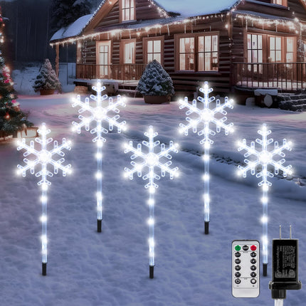 5 Pack Plug in Christmas Snowflake Pathway Lights Outdoor Decorations with Timer, 8 Modes White Lighted Xmas Waterproof Led Garden Stake Lights for Walkway Yard Lawn Porch Holiday Decor
