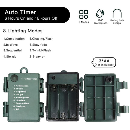 50LED C6 Lights,Green Wire,Waterproof Battery Case,Multi Functions,Timer,Warm White
