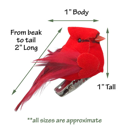 Cardinal Clip On Christmas Tree Ornaments - Bird Decorations - Red Body & Feathered Wings & Tail - Set of 24 - Each Bird is 2" Long - Wreath - Centerpiece - Crafts