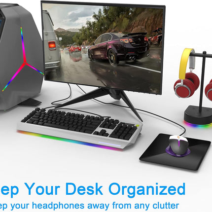 RGB Dual Headphone Stand with USB Charging Port, Desk Gaming Double Headset Holder，Durable Hanger Rack-Suitable for Desktop Table, Game, DJ, Earphone, PC, PS4, PS5, Xbox Gamer Accessories