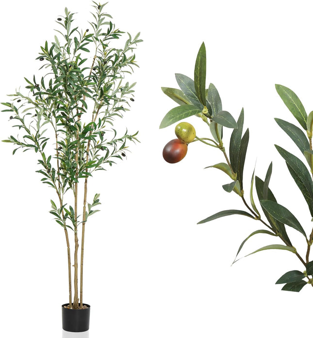 Artificial Olive Tree 6ft Tall with Natural Wood Trunk and Lifelike Fruits,Faux Silk Plant for Home Office Decor Indoor Faux Tree