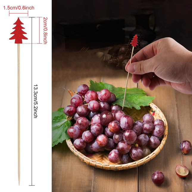 OOTSR Pack of 100 Wooden Christmas Tree Shape Cocktail Picks, Cocktail Picks 5.2 Inch Sandwich Fruit Sticks Pearl Bamboo Toothpicks for Party Appetizer Supplies Decorative