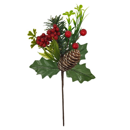 BANBERRY DESIGNS Holiday Christmas Berry Picks - 10 Pieces – Flexible Greenery Snow Tipped Pinecone Red Berries 9" L
